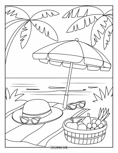 Coloriage tropical pour enfants : Un pique-nique sur la plage avec un chapeau de paille, des lunettes de soleil et un plateau de fruits