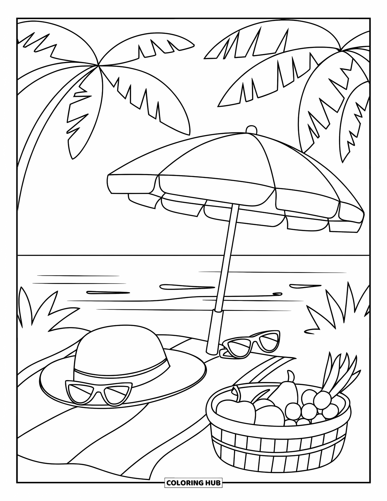 Tropical Coloring Page for Kids: Beach picnic with a straw hat, sunglasses, and a fruit tray