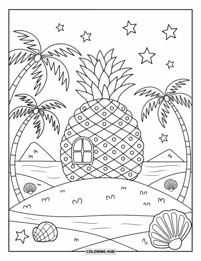 Coloriage tropical pour enfants : Une maison ananas au bord de la plage avec des palmiers, des coquillages et un ciel nocturne