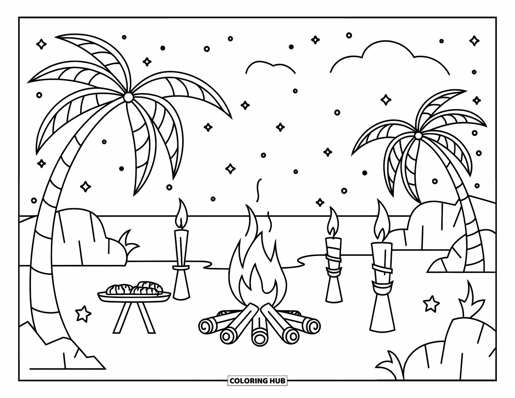 Tropical Coloring Page for Kids: Bonfire on the beach with tiki torches, food tray, and starry sky