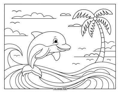 Coloriage tropical pour enfants : Un dauphin souriant saute par-dessus les vagues sous un ciel ensoleillé