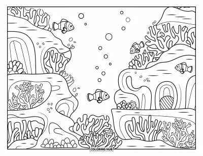 Coloriage tropical pour enfants : Des poissons-clowns nagent dans des grottes de corail avec de petites créatures marines cachées