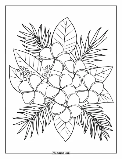 Coloriage tropical pour enfants : Un bouquet de fleurs de plumeria et d'hibiscus entouré de grandes feuilles tropicales