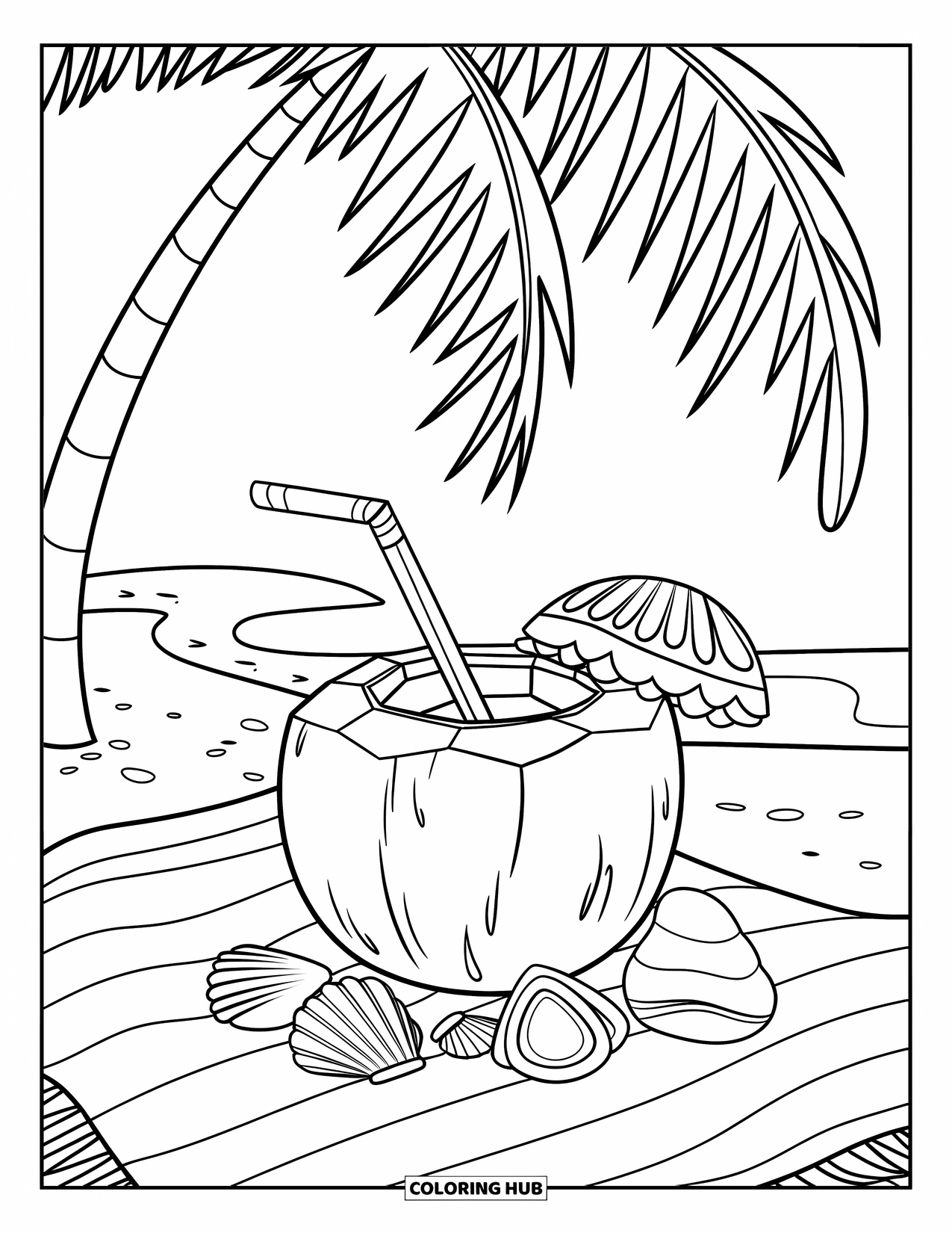 Tropical Coloring Page for Kids: Coconut drink on a beach towel decorated with seashells and sand