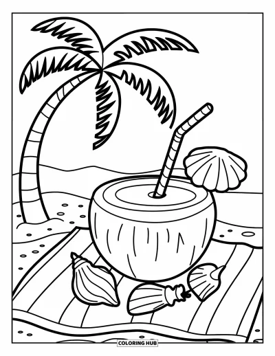 Coloriage tropical pour enfants : Une boisson à la noix de coco sur une serviette de plage avec des coquillages et des palmiers