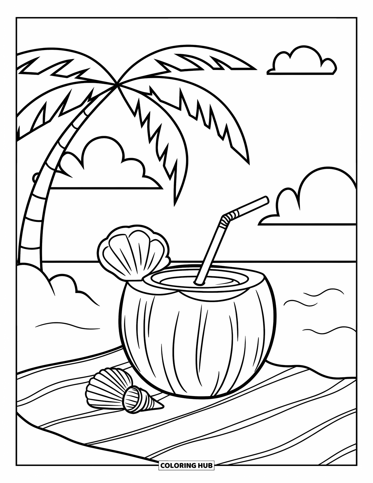 Tropical Coloring Page for Kids: Coconut drink with a straw resting on a towel near seashells