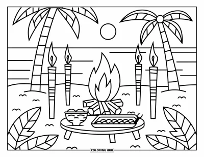 Coloriage tropical pour enfants : Une scène de feu de camp douillette sur la plage avec des torches tiki et de la nourriture au crépuscule