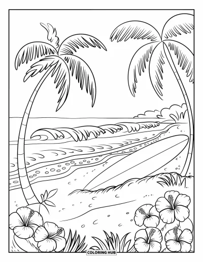 Coloriage tropical pour enfants : Des vagues déferlantes sur la plage avec une planche de surf et des hibiscus colorés