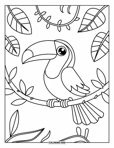 Coloriage tropical pour enfants : Un adorable toucan perché sur une branche entouré de feuilles de jungle
