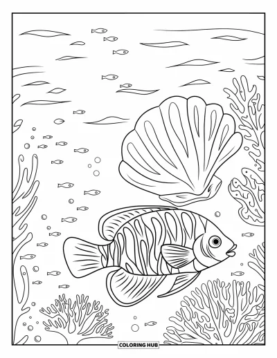 Coloriage tropical pour enfants : Un poisson qui nage près d'un corail et d'un coquillage dans un océan calme