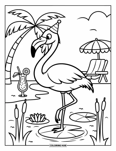 Coloriage tropical pour enfants : Un flamant rose avec un chapeau de fête près d'un transat, d'une boisson et d'un palmier
