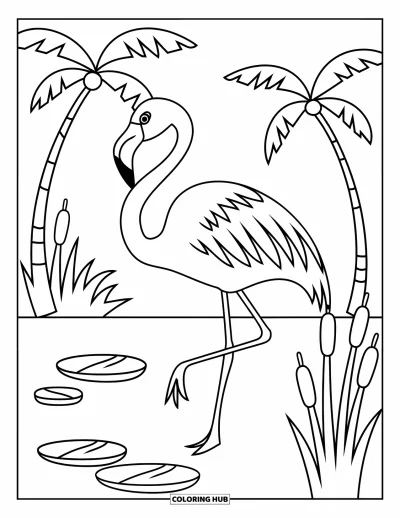 Coloriage tropical pour enfants : Un flamant rose debout sur une patte près de nénuphars et de joncs