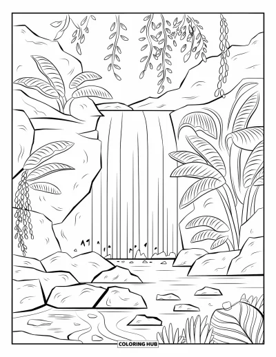 Coloriage tropical pour enfants : Une cascade avec des rochers, des lianes et des bananiers feuillus