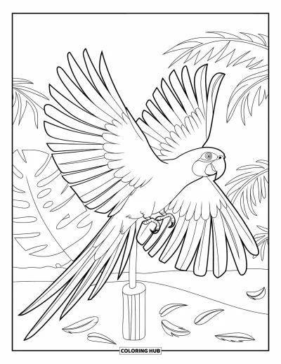 Coloriage tropical pour enfants : Un perroquet en vol au-dessus d'un sol sablonneux avec des palmiers et un poteau en bois