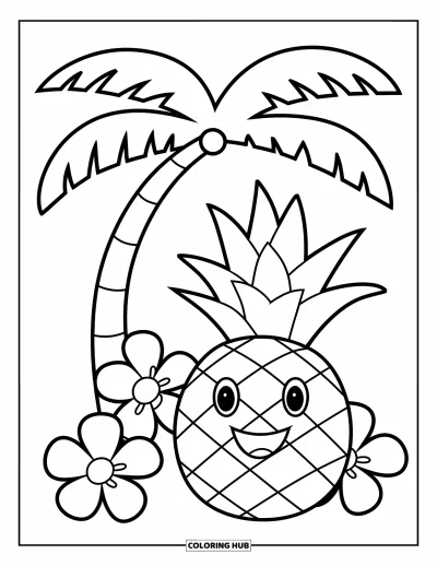 Coloriage tropical pour enfants : Un ananas souriant posé près de fleurs sous un palmier tropical