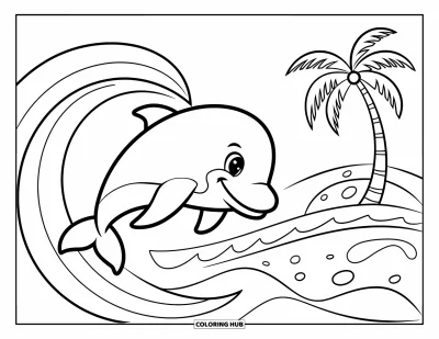 Coloriage tropical pour enfants : Un dauphin heureux qui saute par-dessus une vague avec un palmier au loin