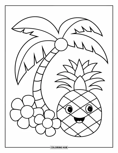 Coloriage tropical pour enfants : Un ananas joyeux debout sous un palmier avec trois fleurs à côté