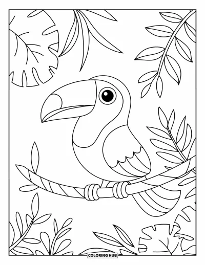 Coloriage tropical pour enfants : Un toucan joyeux perché sur une branche de jungle avec des plantes feuillues