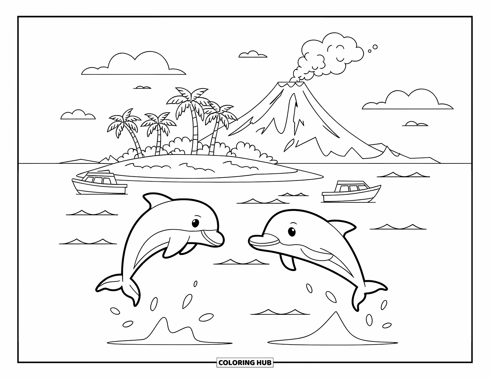 Tropical Coloring Page for Kids: Jumping dolphins near a volcano island with boats and palm trees