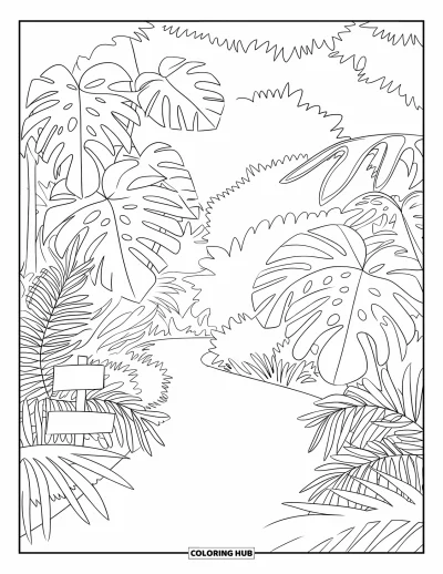 Coloriage tropical pour enfants : Un sentier luxuriant dans la jungle avec des monsteras, des palmiers et un panneau en bois