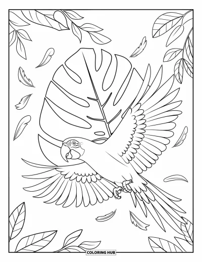 Coloriage tropical pour enfants : Un perroquet volant parmi des feuilles tropicales avec des plumes éparpillées autour
