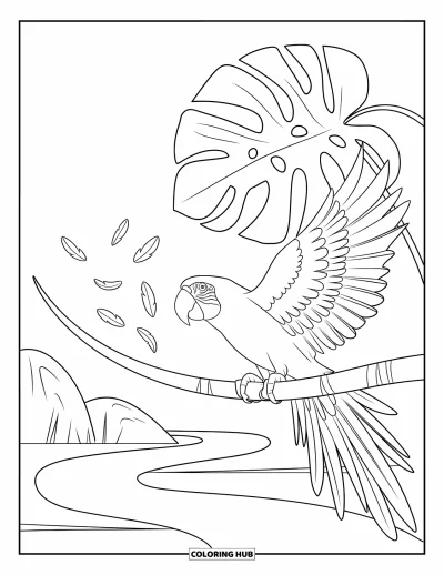 Coloriage tropical pour enfants : Un perroquet perché sur un chemin avec des plumes éparpillées et des plantes tropicales