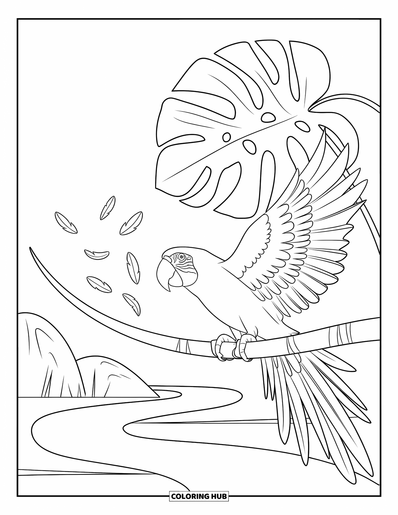 Tropical Coloring Page for Kids: Parrot perched by a path with scattered feathers and tropical plants