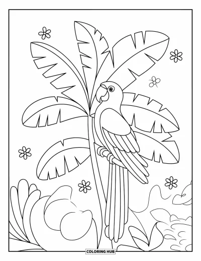 Coloriage tropical pour enfants : Un perroquet posé sur un bananier entouré de tourbillons de feuilles et de fleurs