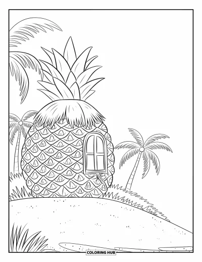 Coloriage tropical pour enfants : Une maison de plage en forme d'ananas avec une fenêtre et des palmiers