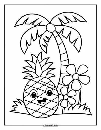 Coloriage tropical pour enfants : Un ananas au visage joyeux avec des fleurs sous un palmier