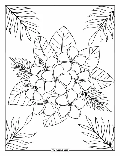 Coloriage tropical pour enfants : Des fleurs de plumeria et d'hibiscus avec des accents de feuilles dans un arrangement tropical