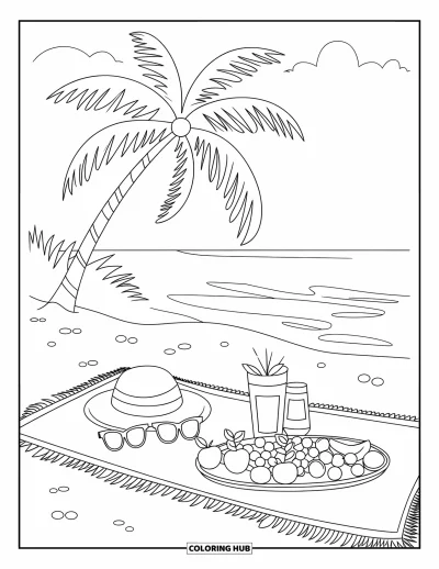 Coloriage tropical pour enfants : Une scène de pique-nique détendue sur la plage avec des fruits, un chapeau et du sable doux