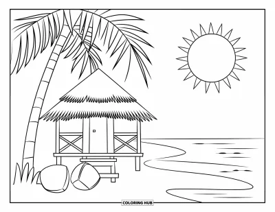 Coloriage tropical pour enfants : Une case de plage simple avec des noix de coco et un soleil souriant au-dessus