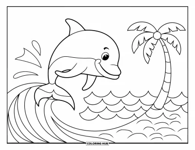 Coloriage tropical pour enfants : Un dauphin souriant saute par-dessus une vague avec un palmier au loin