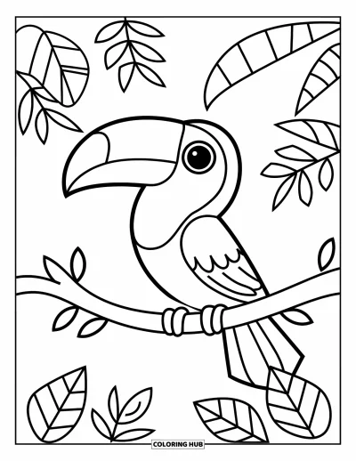 Coloriage tropical pour enfants : Un toucan souriant avec un grand bec perché sur une branche de jungle feuillue