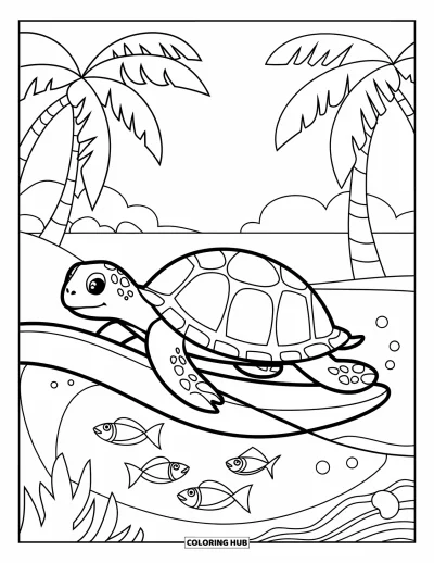 Coloriage tropical pour enfants : Une tortue souriante surfe une vague tranquille avec des poissons et des palmiers autour