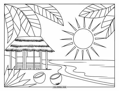Coloriage tropical pour enfants : Une plage ensoleillée avec une case, des noix de coco et des palmiers joyeux