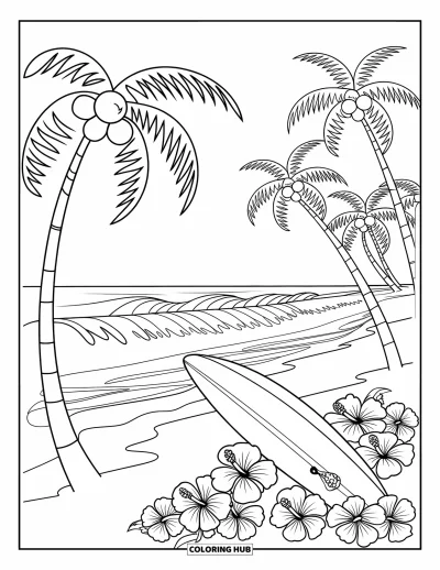 Coloriage tropical pour enfants : Une planche de surf dans le sable avec des vagues déferlantes et des fleurs tropicales