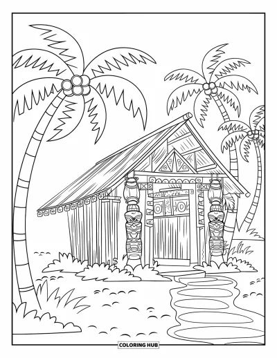 Coloriage tropical pour enfants : Une case tiki avec des lanternes et des palmiers le long d'un chemin sablonneux