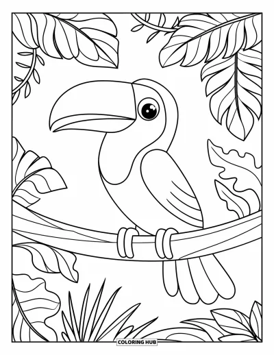 Coloriage tropical pour enfants : Un toucan assis sur une branche de jungle entourée de lianes feuillues