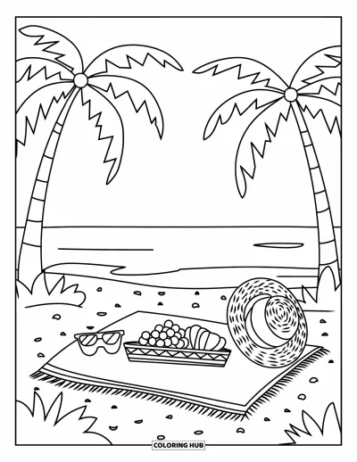 Coloriage tropical pour enfants : Un pique-nique tropical sur la plage avec des fruits, des lunettes de soleil et un chapeau de paille