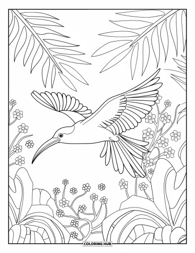 Coloriage tropical pour enfants : Un oiseau tropical perché près de palmiers et de fleurs blanches en fleur