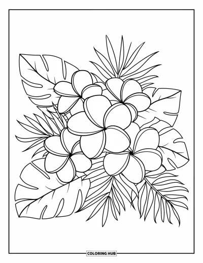 Coloriage tropical pour enfants : Un bouquet de fleurs tropicales avec des hibiscus, des plumerias et de joyeuses formes de feuilles