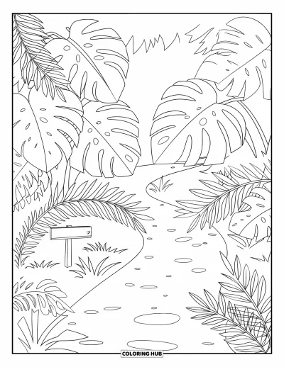 Coloriage tropical pour enfants : Un sentier tropical avec de grandes feuilles et un panneau en bois dans la jungle