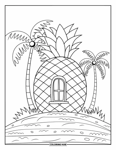 Coloriage tropical pour enfants : Une maison en forme d'ananas avec une fenêtre et des palmiers tout autour