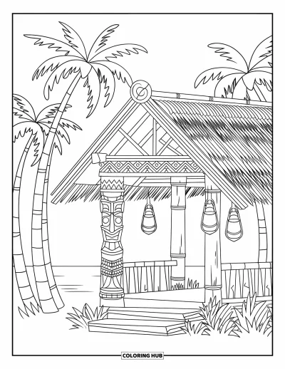 Coloriage tropical pour enfants : Une case tiki avec des lanternes et des palmiers au bord de l'eau