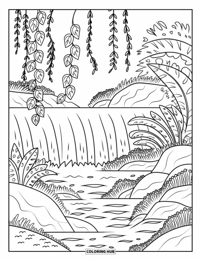 Coloriage tropical pour enfants : Une cascade tropicale avec des lianes suspendues et des rochers couverts de mousse