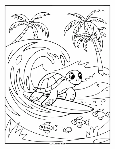 Coloriage tropical pour enfants : Une tortue qui surfe une vague tandis que des poissons nagent en dessous et que les palmiers se balancent