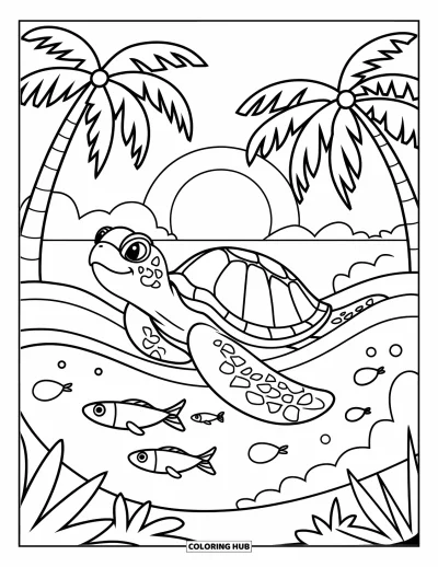 Coloriage tropical pour enfants : Une tortue surfe une vague près de poissons et de palmiers au coucher du soleil