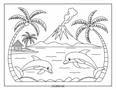 Coloriage tropical pour enfants : Deux dauphins sautent près d'une île tropicale avec un volcan en fumée